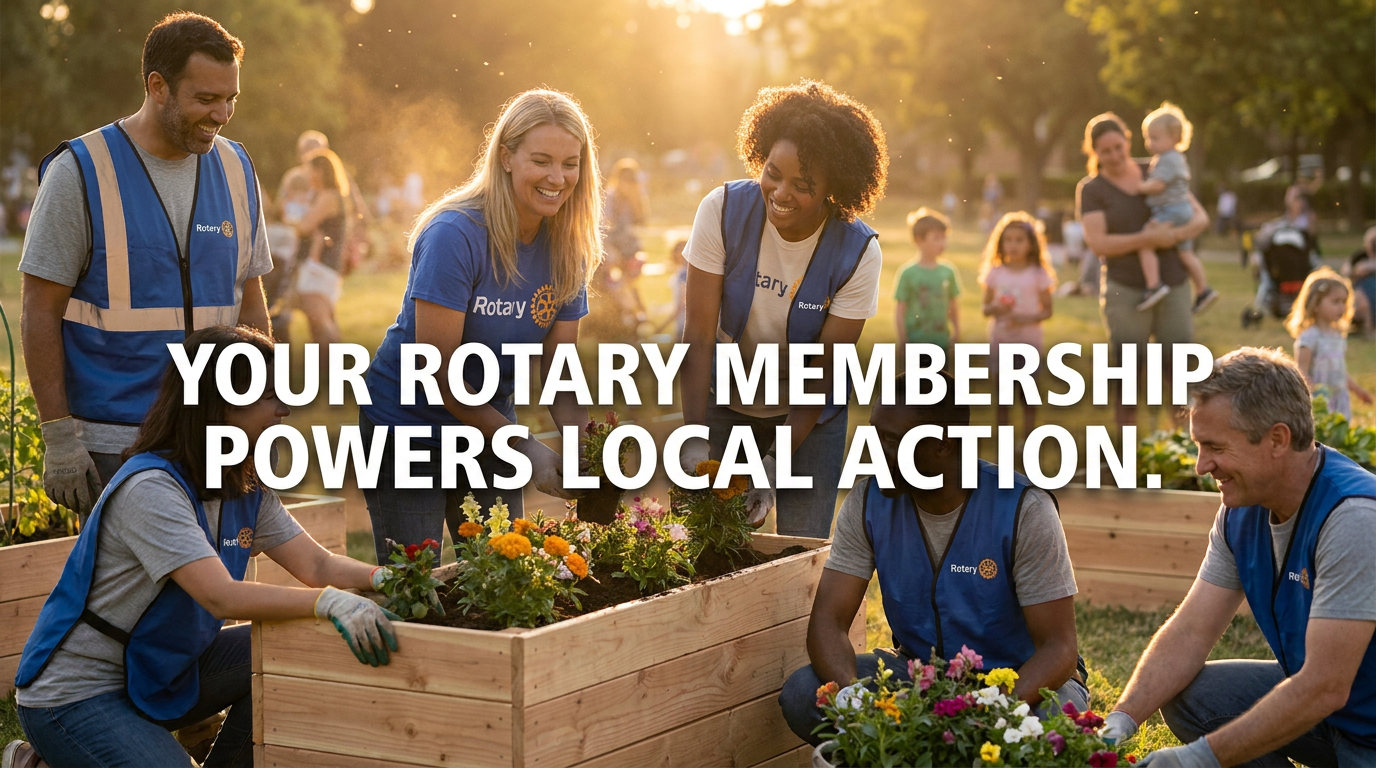 Rotary members working together in a park with text: Your Rotary membership powers local action.